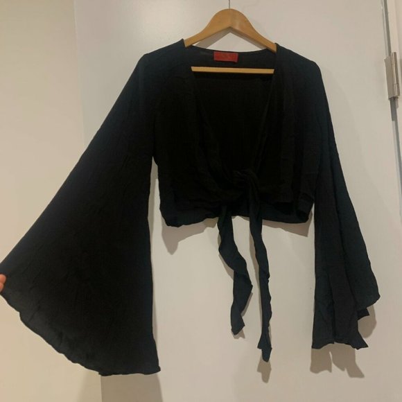 TIGERLILY Black Bell Sleeve Tie Front Crop Top - Picture 6 of 6